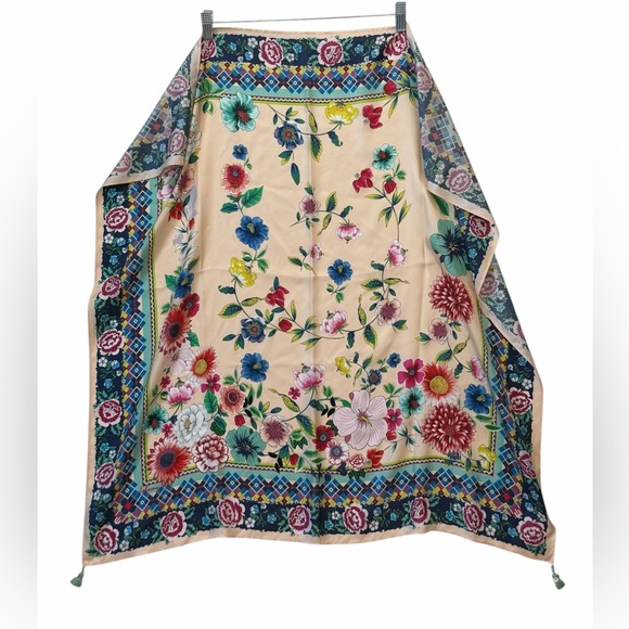 Johnny Was Accessories - Johnny Was Nani silk scarf Cream Floral with Multicolor Border Tassels